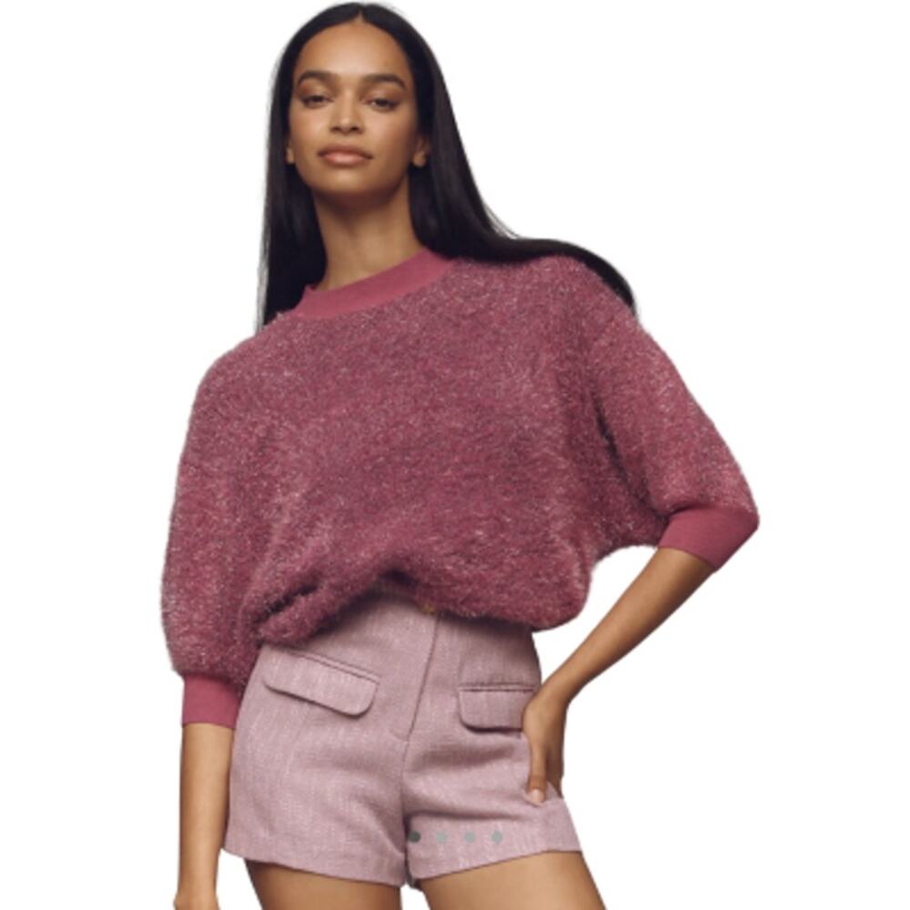 Anthropologie Violetta Tinsel Sweater Short Sleeve Magenta Pink Size Large
